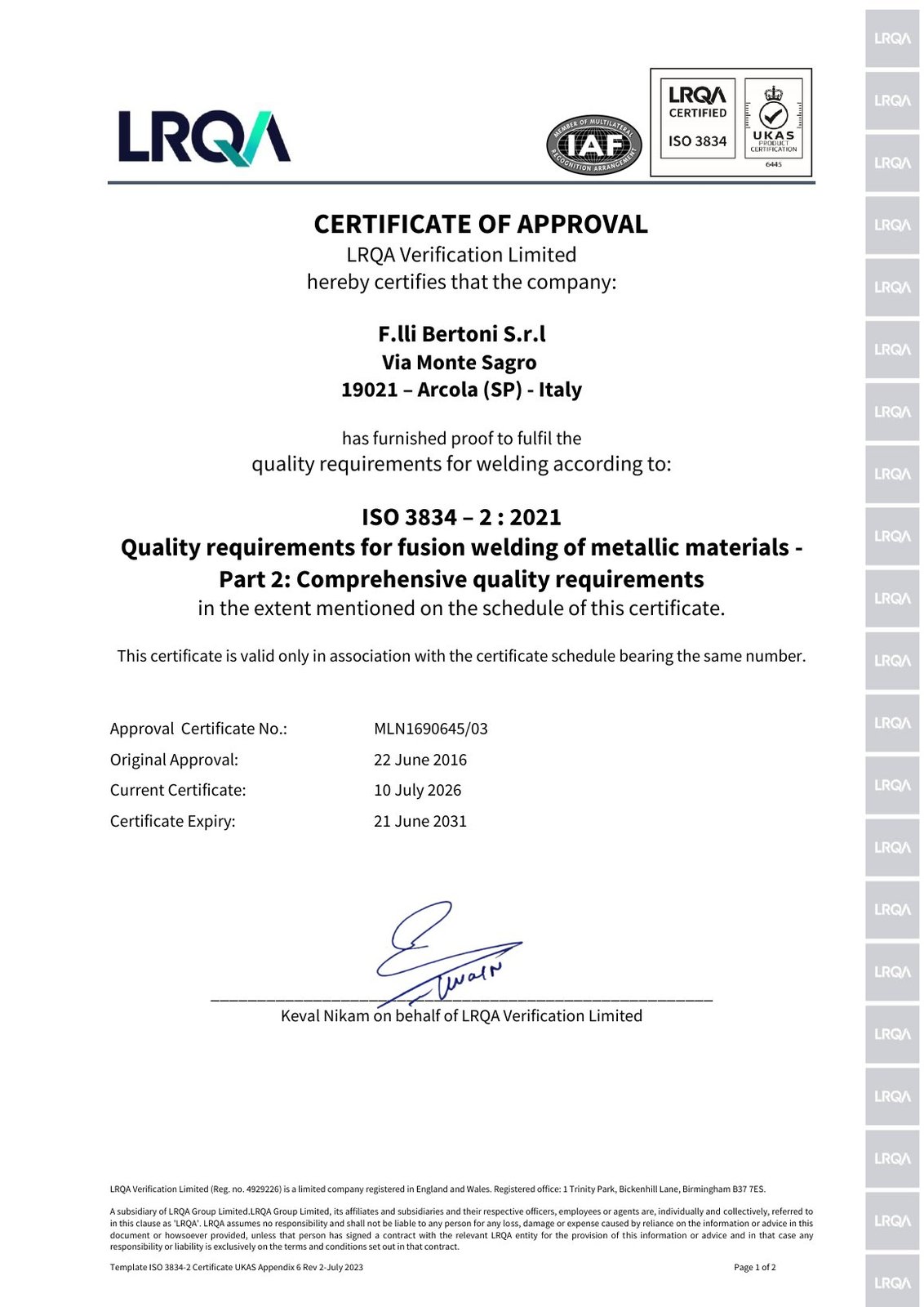 Certificato ISO 3834-2:2021 Lloyd's Register – pagina 1 di 2