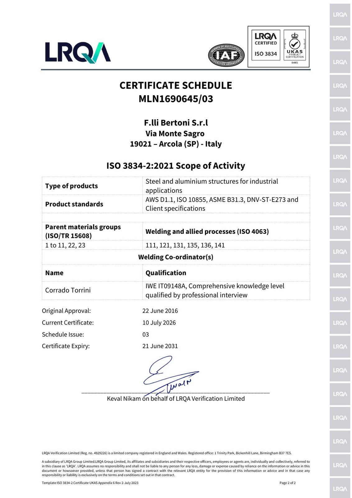 Certificato ISO 3834-2:2021 Lloyd's Register – pagina 2 di 2