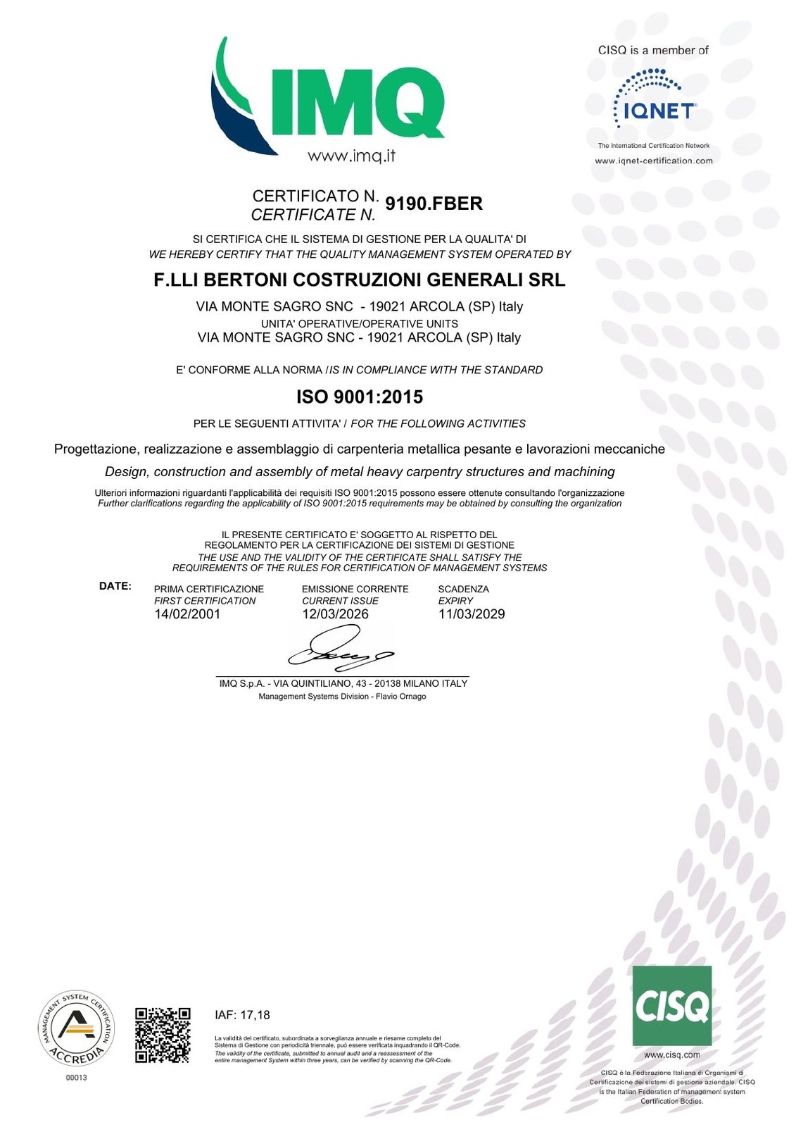 Certificato ISO 9001:2015 IMQ – IQNET – pagina 1 di 2