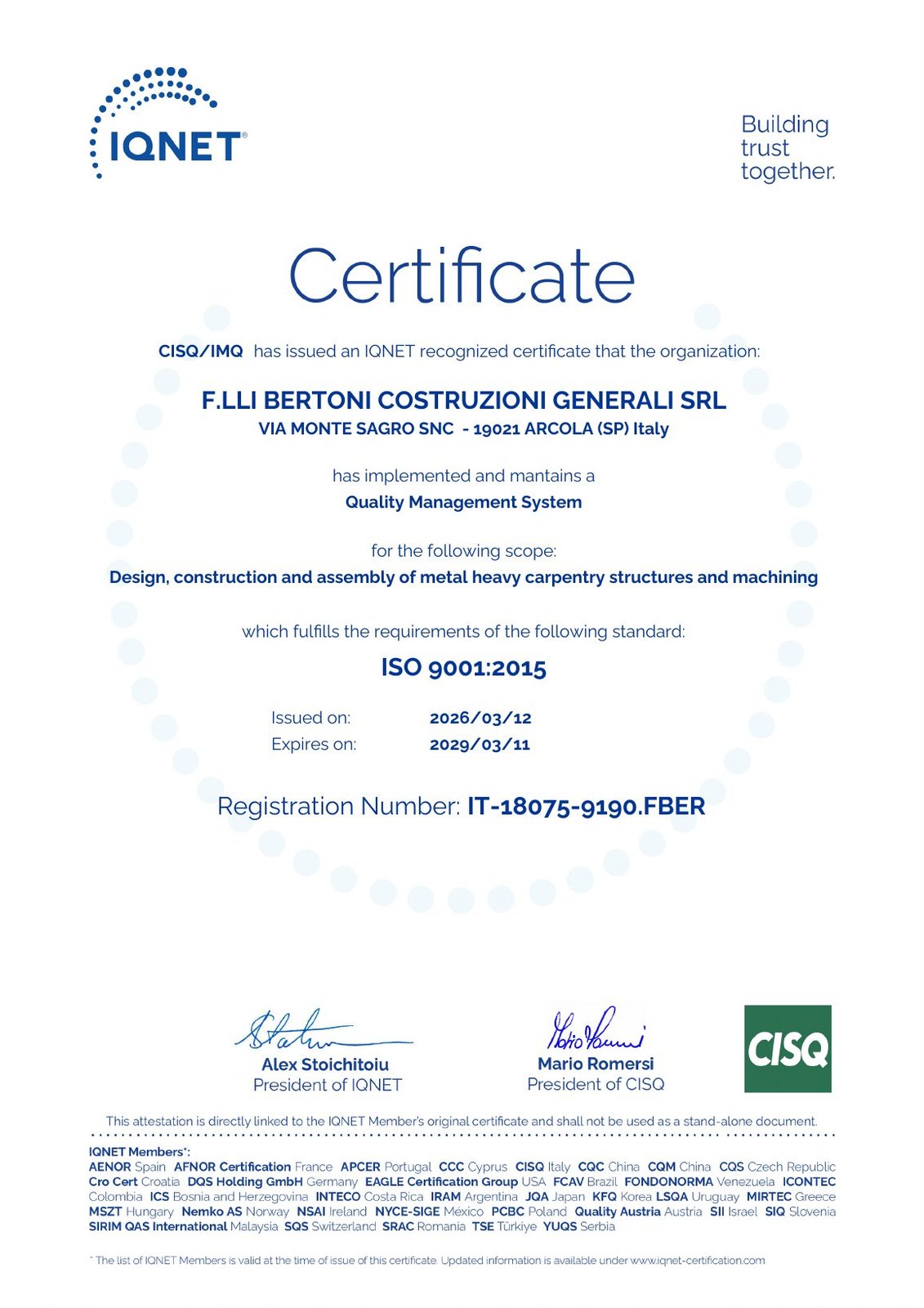 Certificato ISO 9001:2015 IMQ – IQNET – pagina 2 di 2