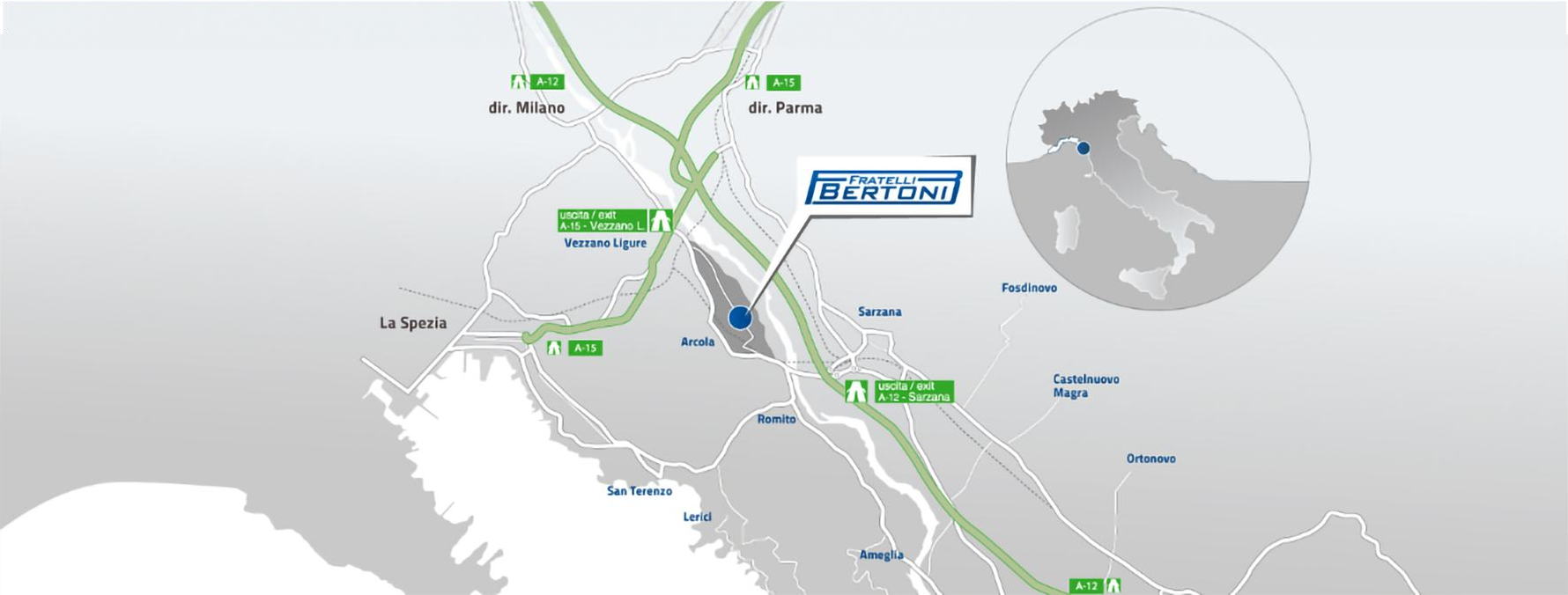 Mappa: lo stabilimento Fratelli Bertoni ad Arcola, tra La Spezia e Sarzana, vicino agli svincoli A-12 e A-15